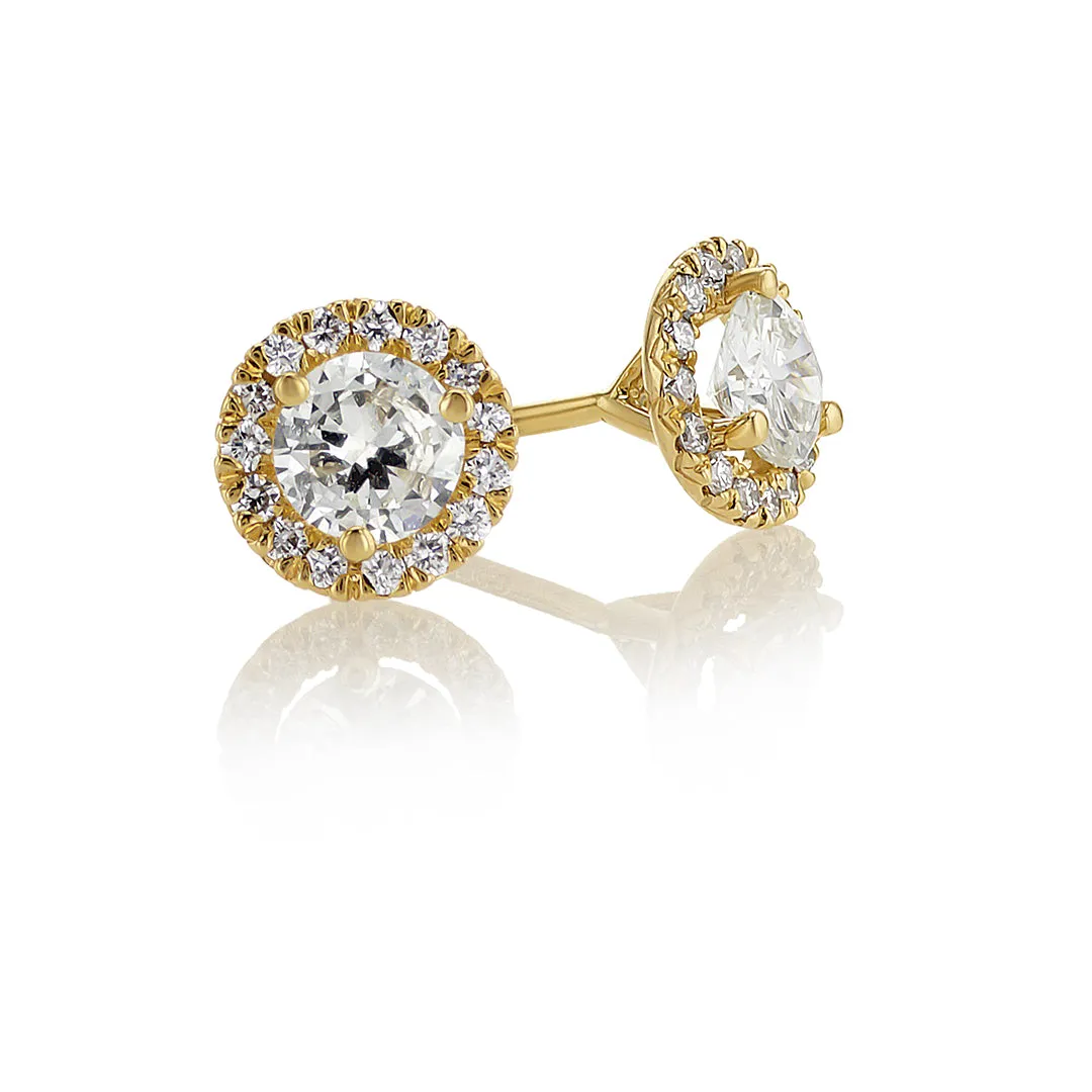 0.64 CT Round Diamond Halo 14K Yellow Gold Earrings