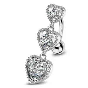 14G Triple CZ Hearts Reverse Dangle Belly Button Ring