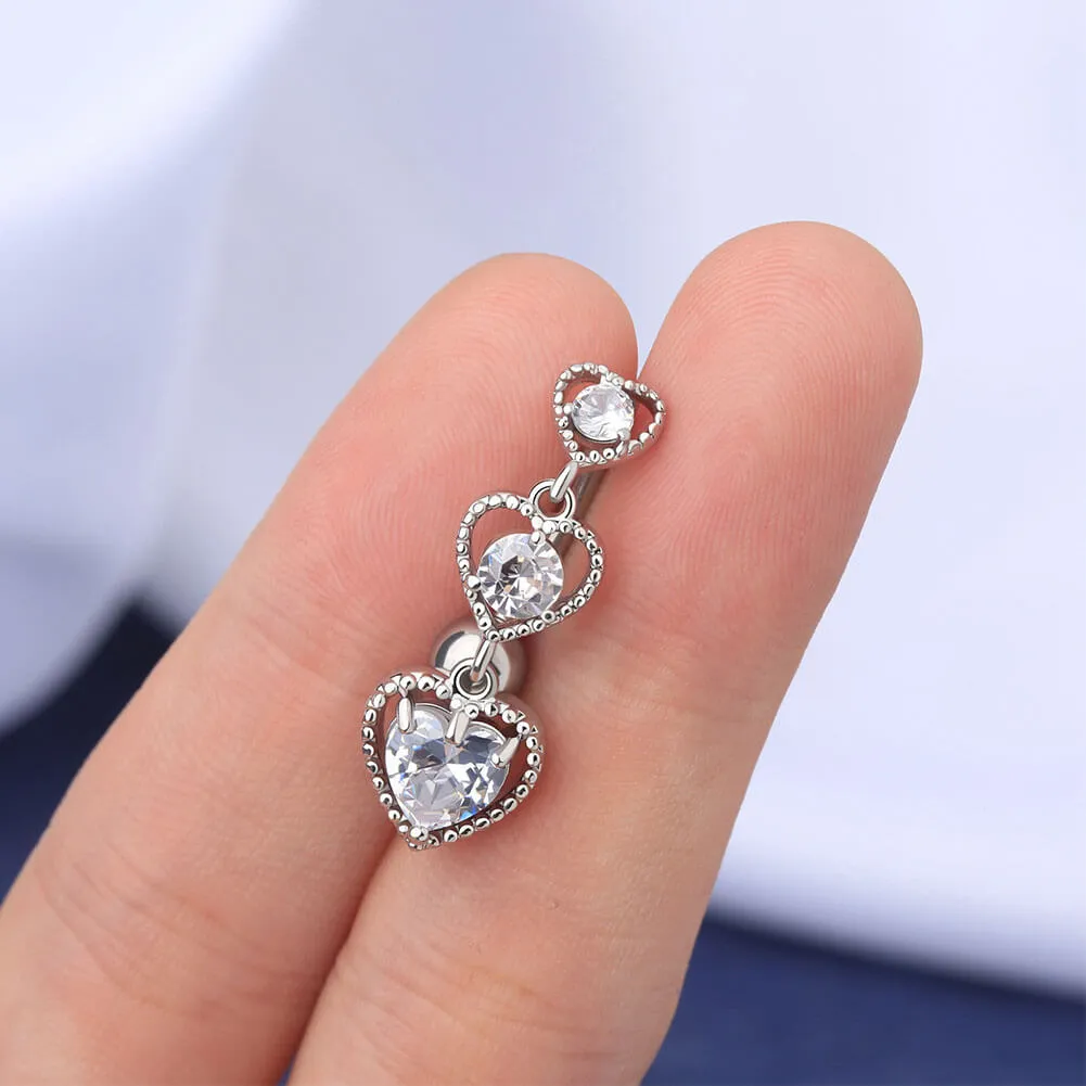 14G Triple CZ Hearts Reverse Dangle Belly Button Ring
