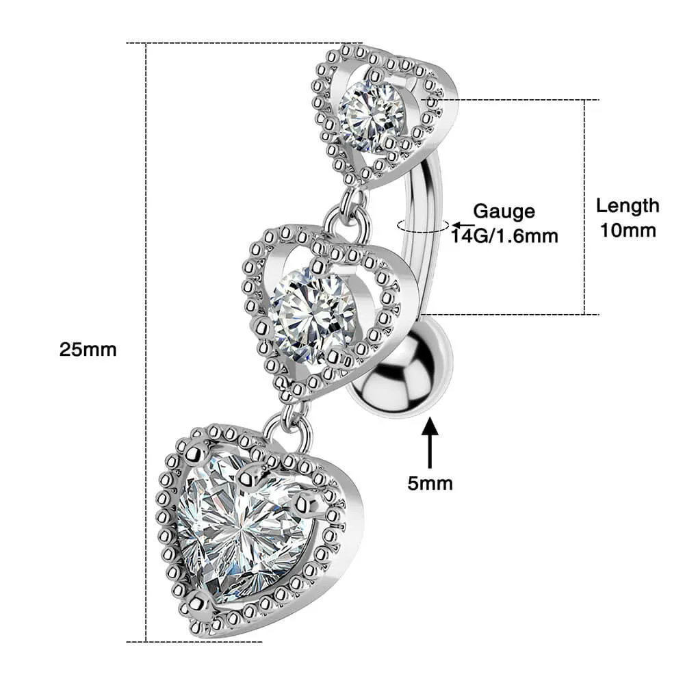 14G Triple CZ Hearts Reverse Dangle Belly Button Ring