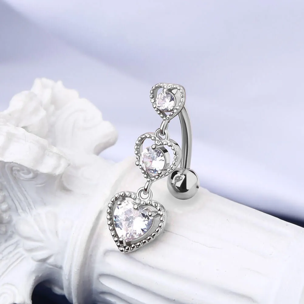 14G Triple CZ Hearts Reverse Dangle Belly Button Ring