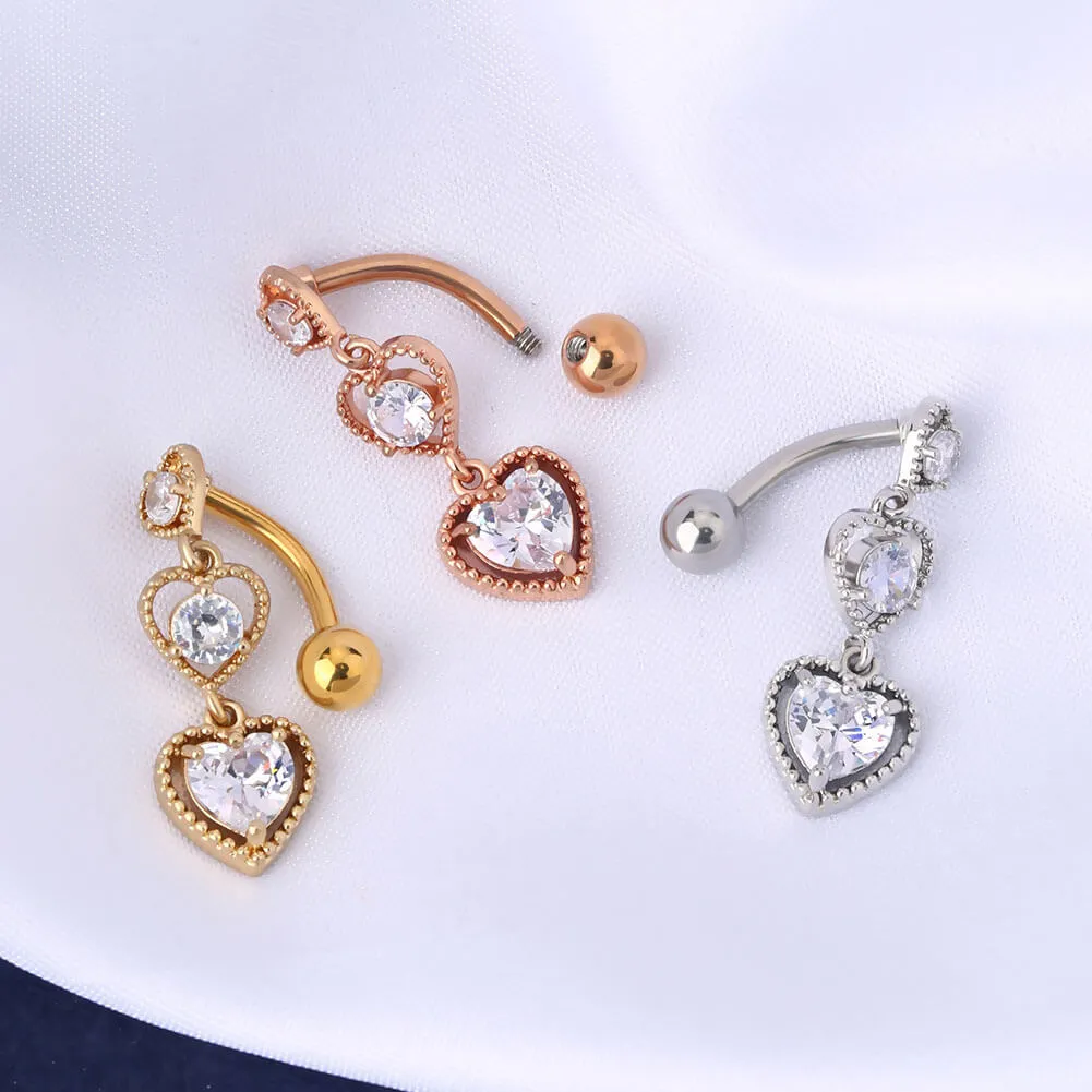 14G Triple CZ Hearts Reverse Dangle Belly Button Ring