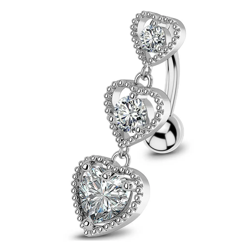 14G Triple CZ Hearts Reverse Dangle Belly Button Ring