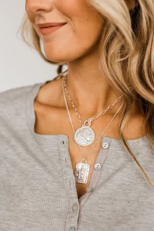 2 Tier Textured Figures Pendant Necklace- Silver