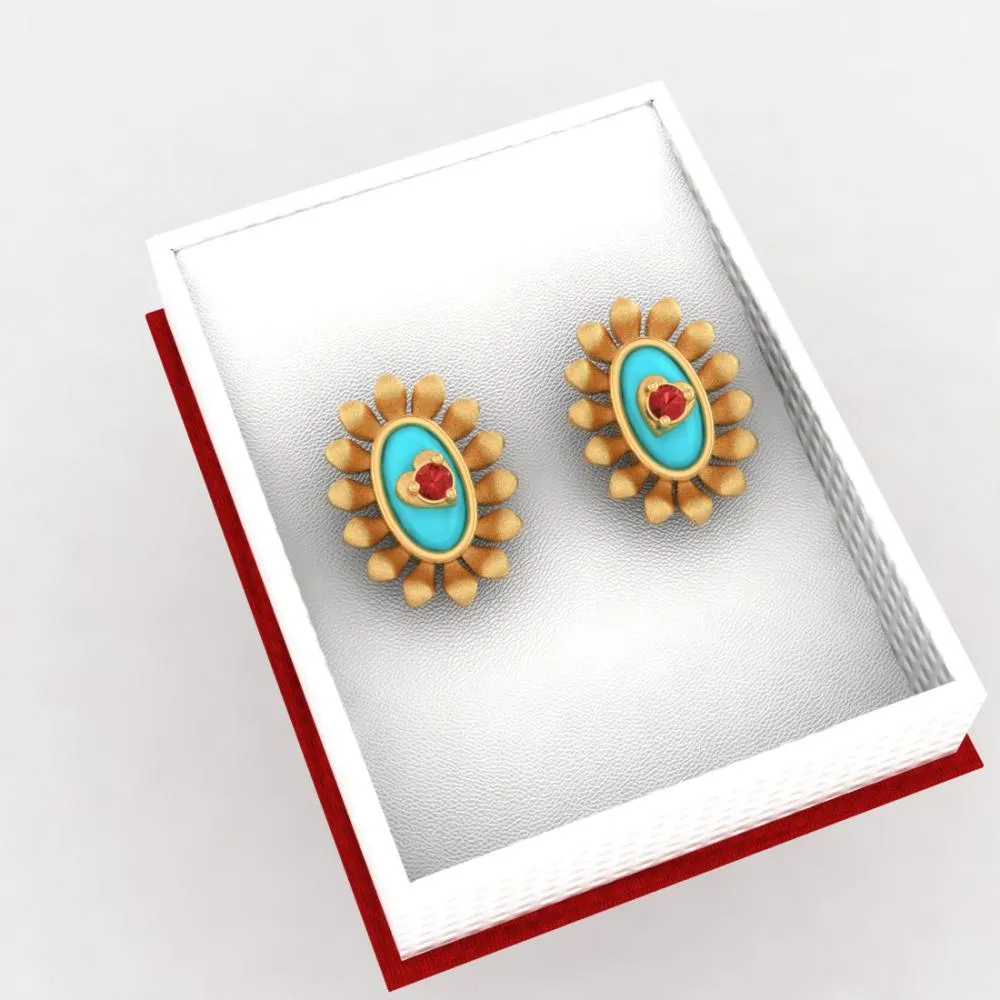 22k Sunflower Designed Gold Earrings With A Heart In The Center