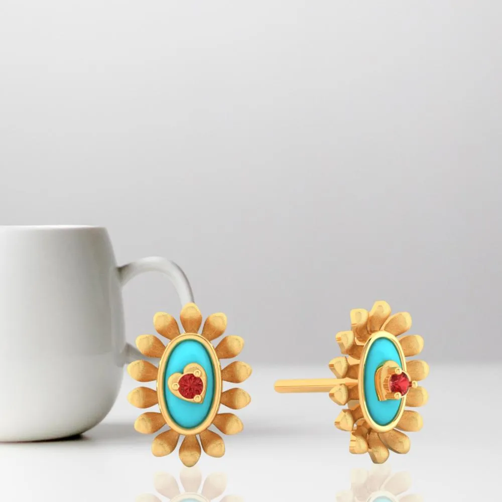 22k Sunflower Designed Gold Earrings With A Heart In The Center