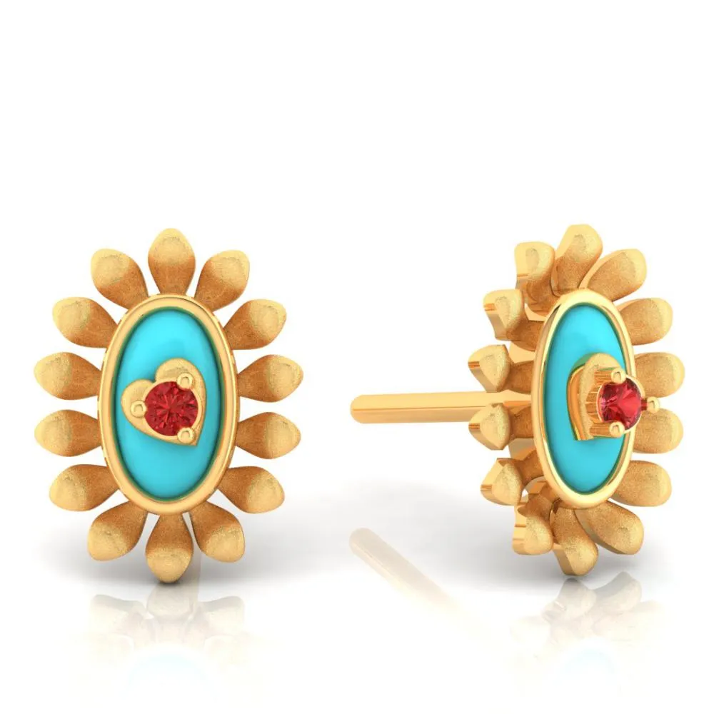 22k Sunflower Designed Gold Earrings With A Heart In The Center