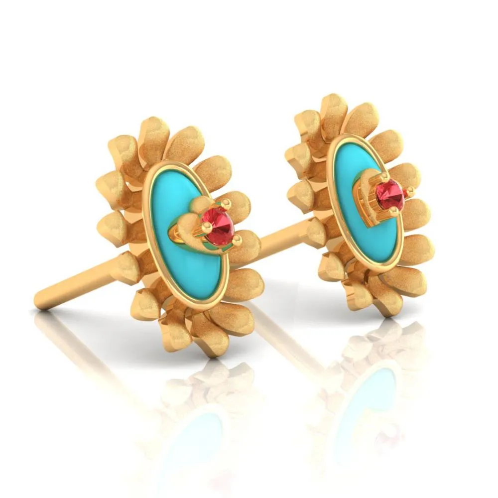 22k Sunflower Designed Gold Earrings With A Heart In The Center