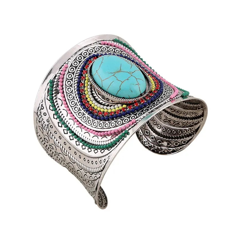 Colorful Natural Oval  Wide Cuff Bracelets Charming Big Bangles Bohemian Tibetan   Bracelet  Enamel Jewelry For Women