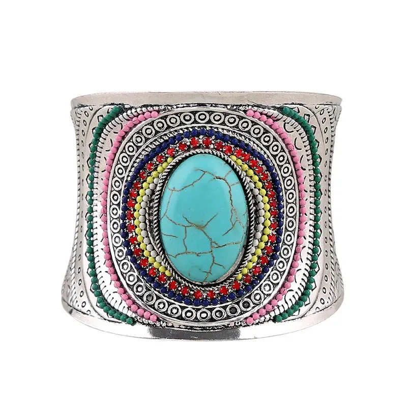 Colorful Natural Oval  Wide Cuff Bracelets Charming Big Bangles Bohemian Tibetan   Bracelet  Enamel Jewelry For Women