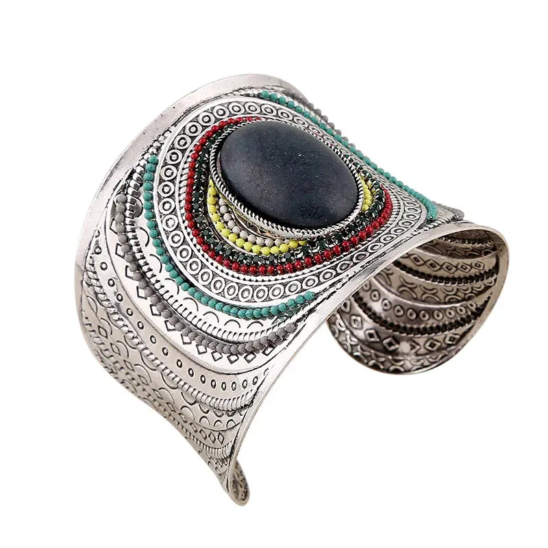 Colorful Natural Oval  Wide Cuff Bracelets Charming Big Bangles Bohemian Tibetan   Bracelet  Enamel Jewelry For Women
