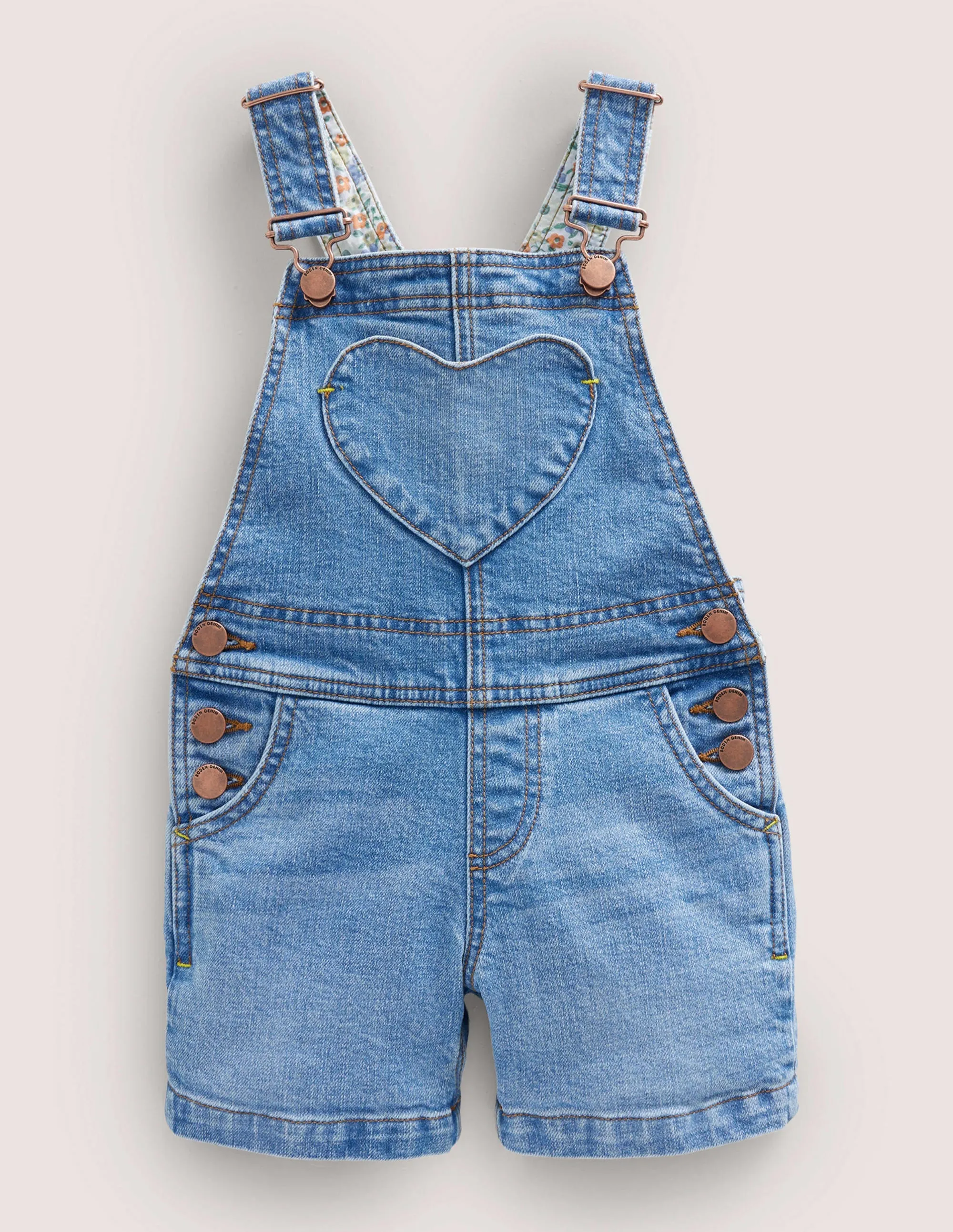 Heart Pocket Short Dungarees-Mid Vintage Denim