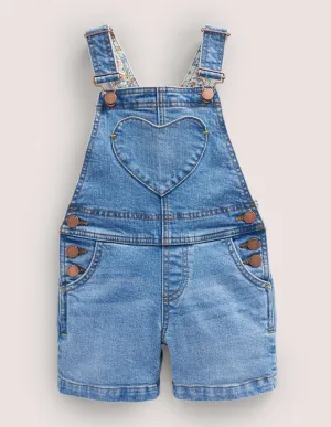Heart Pocket Short Dungarees-Mid Vintage Denim