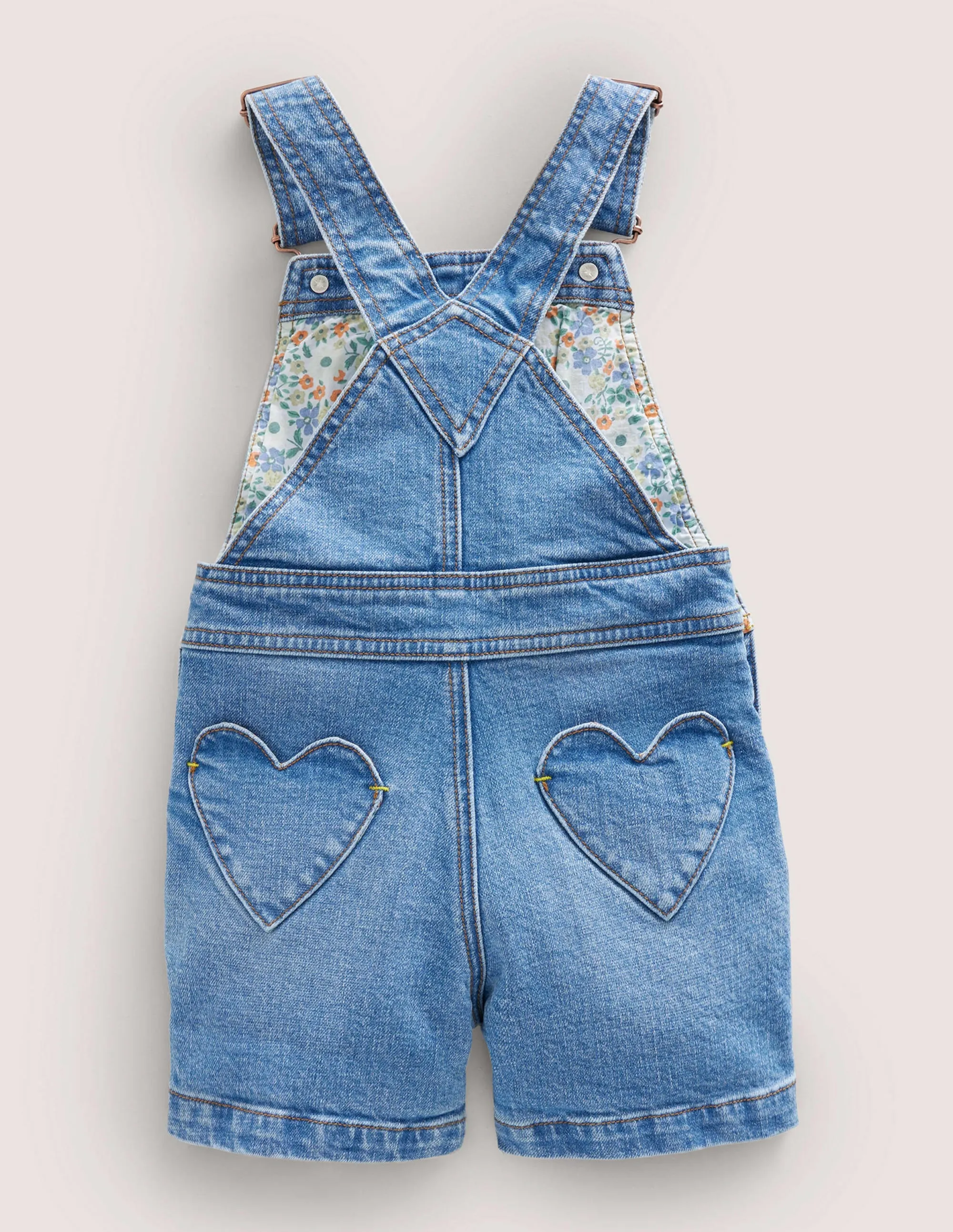 Heart Pocket Short Dungarees-Mid Vintage Denim