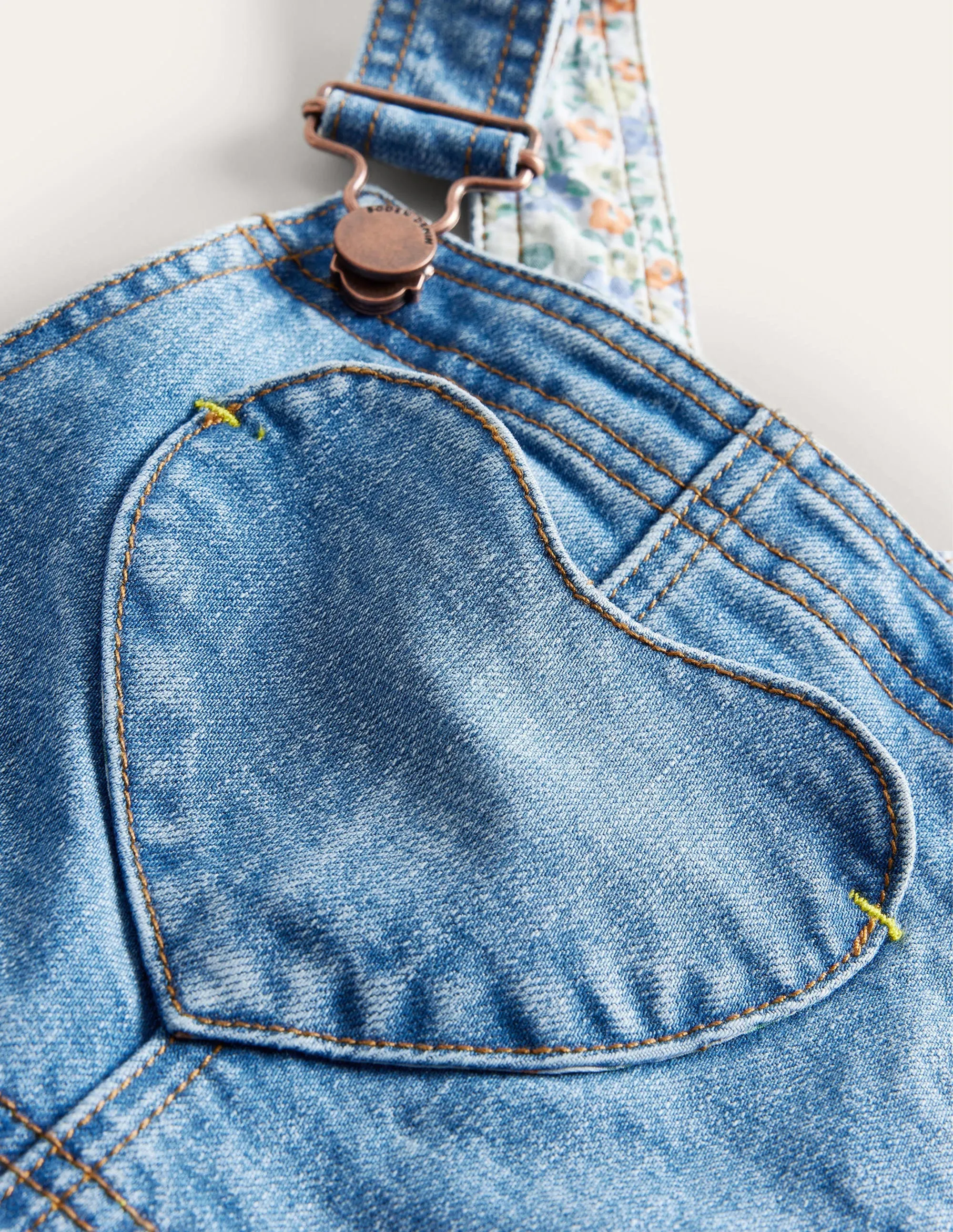 Heart Pocket Short Dungarees-Mid Vintage Denim