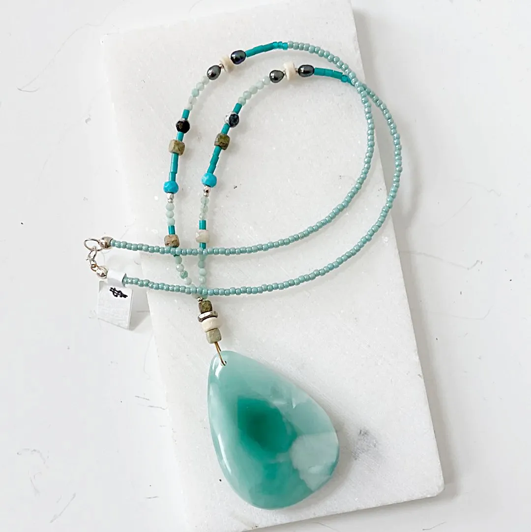 Iridescent Dark Green Moonstone Teardrop Necklace-