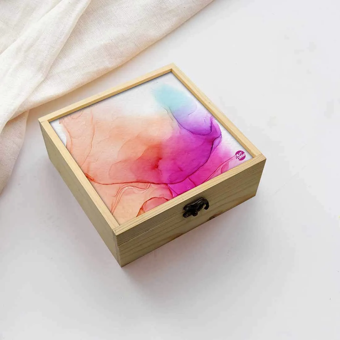 Jewellery Box Wooden Jewelry Organizer -  Orange Pink Multicolor Ink Watercolor