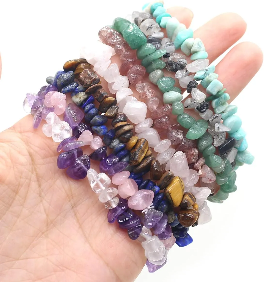 LE SKY Natural Chakra Crystal Healing Chip Stretch Bracelets Irregular Spiritual Stone Bracelet for Women Men Reiki Yoga Anxiety Yoga Meditation