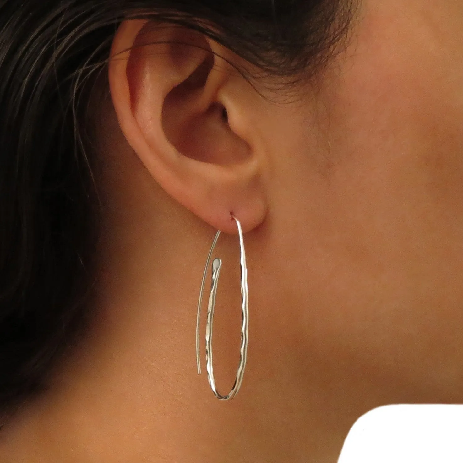 Long 925 Sterling Silver Oval Threader Earrings