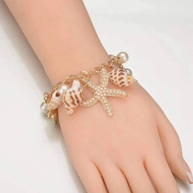 Mermaid's Collar Seashell & Starfish Gold Plated Necklace or Bracelet For Woman