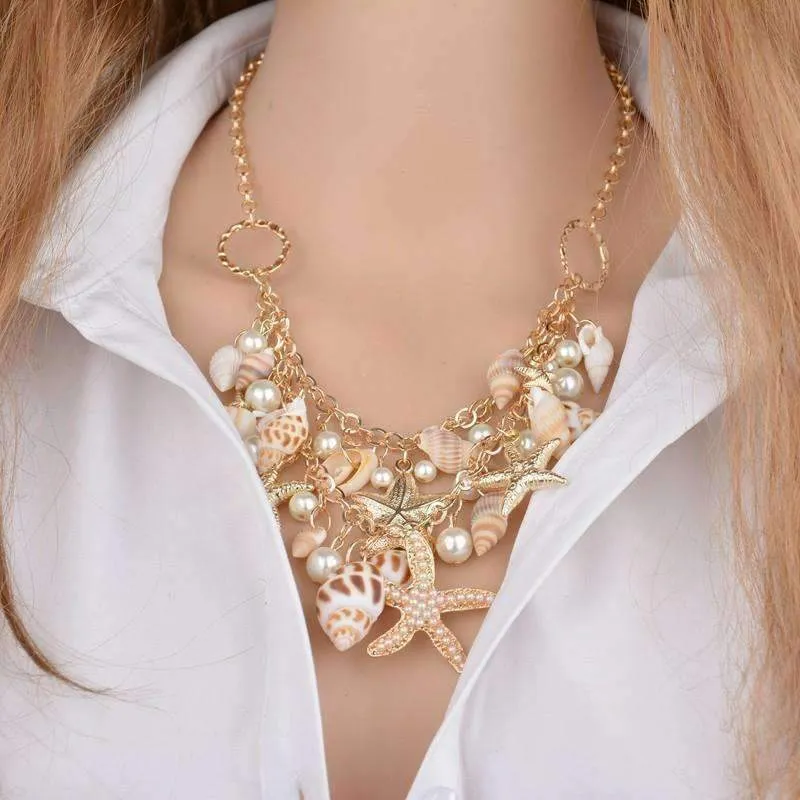 Mermaid's Collar Seashell & Starfish Gold Plated Necklace or Bracelet For Woman