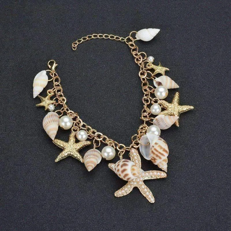 Mermaid's Collar Seashell & Starfish Gold Plated Necklace or Bracelet For Woman