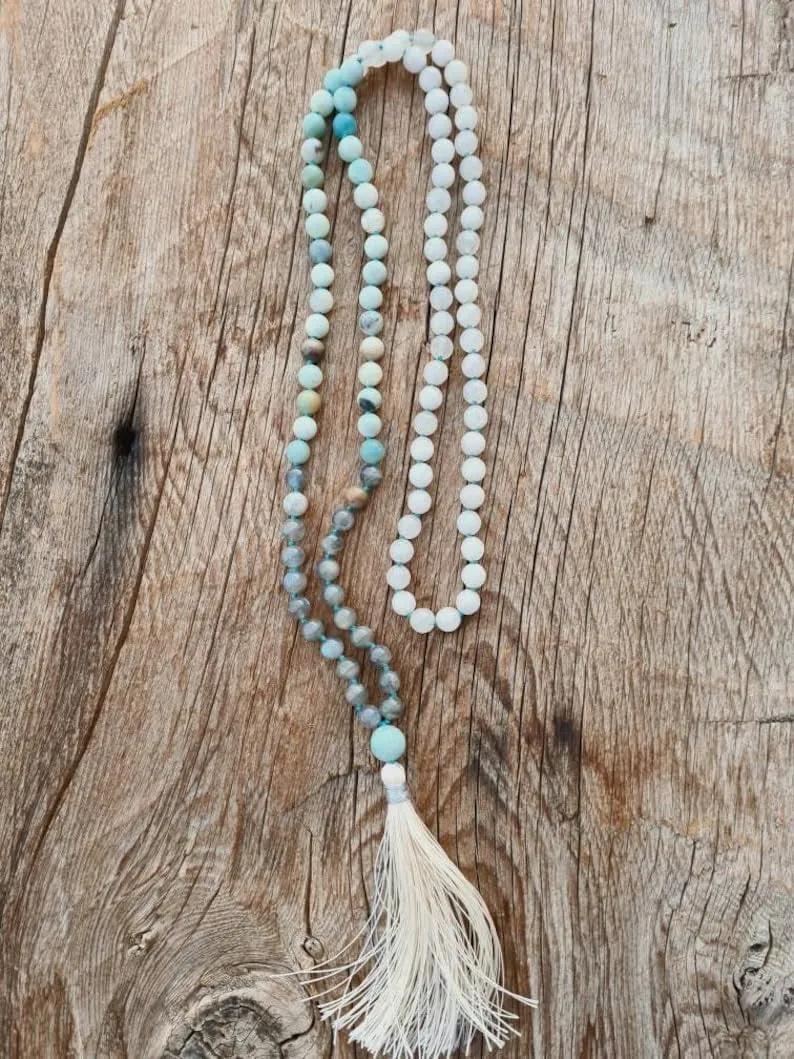 Natural Amazonite, Rainbow Labradorite, White Quartz 6mm 108 Mala Beads, Spiritual, Meditation Beads, Reiki, Japa Mala, Buddhist Prayer Beads, Yoga Bracelet, healing beads LKMALA-RRGU-2717