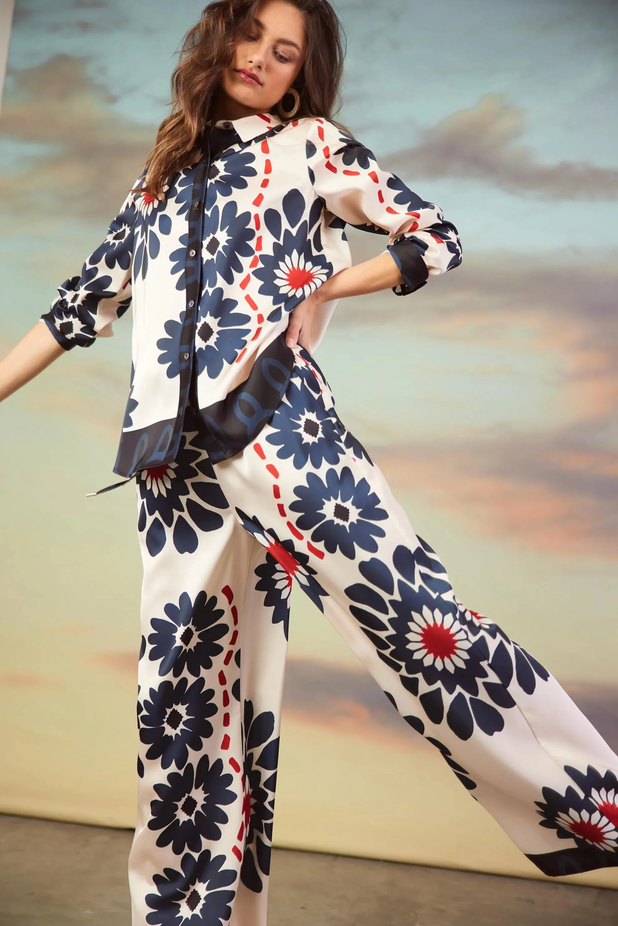Navy and White Floral Print Blouse