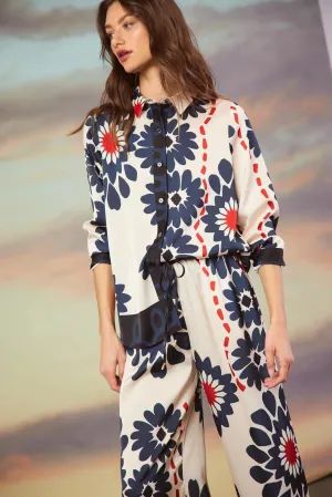 Navy and White Floral Print Blouse
