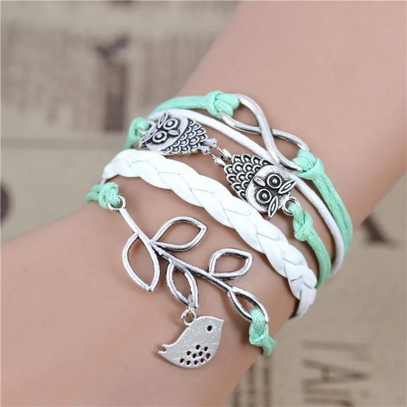 New Fashion infinity OWL Olive Branch Multilayer Bracelet , Sky green Bracelet