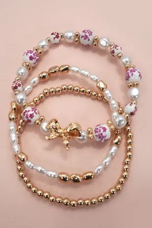 Pink Ceramic Bead & Bow Bracelet Set