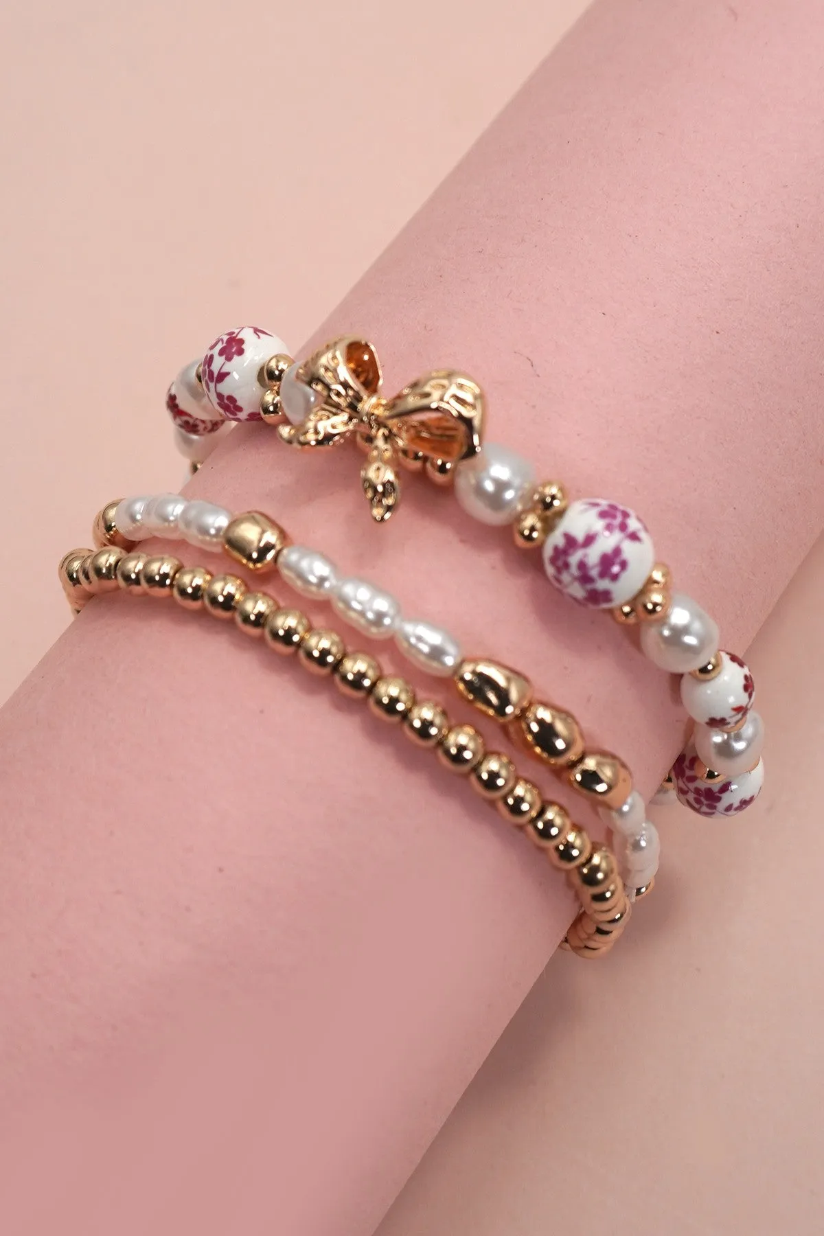 Pink Ceramic Bead & Bow Bracelet Set
