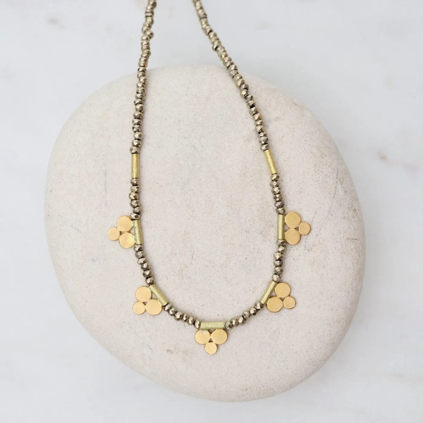 Pyrite Bead Necklace with Five 22k Trios