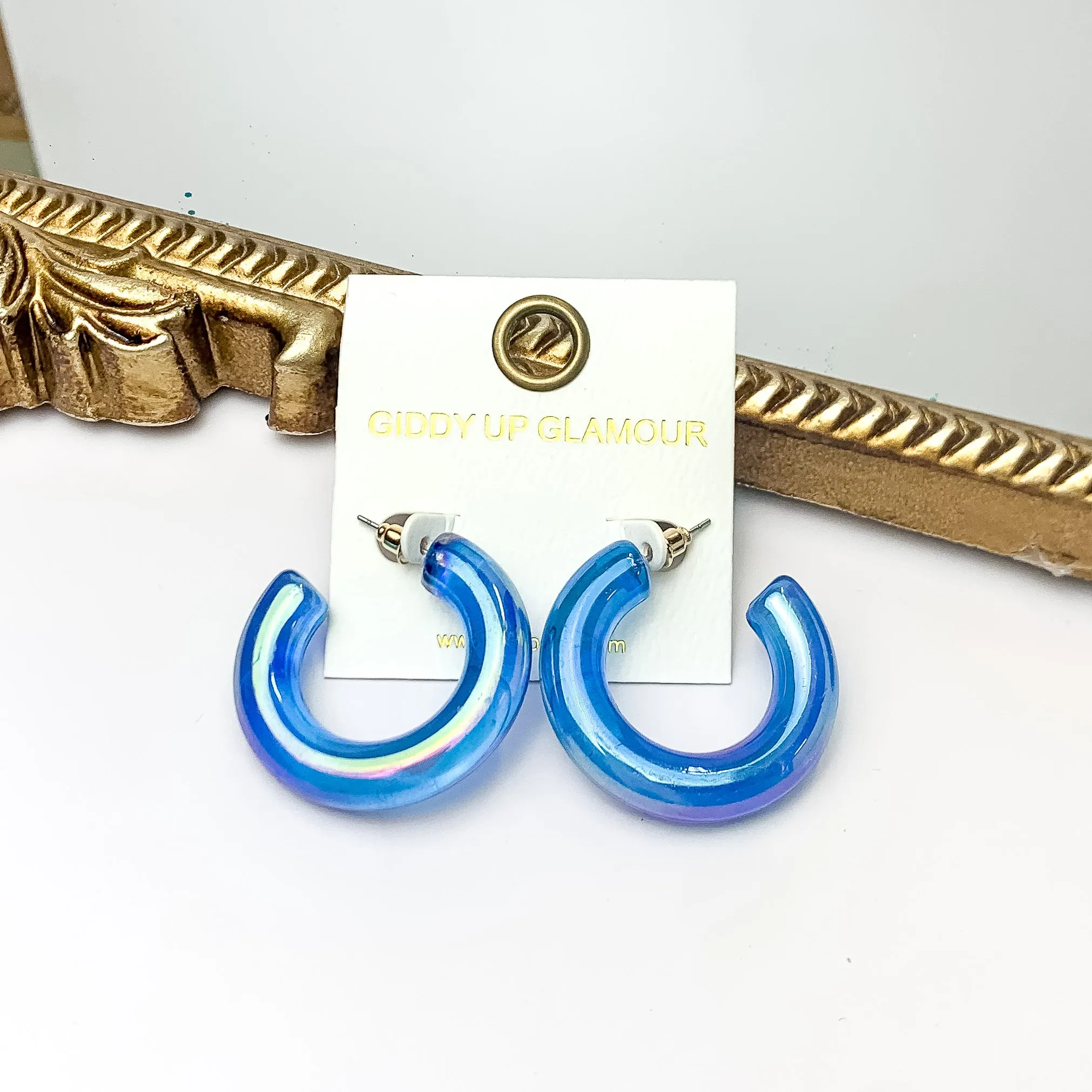 Rainbow Hour Iridescent Chunky Hoop Earrings in Blue