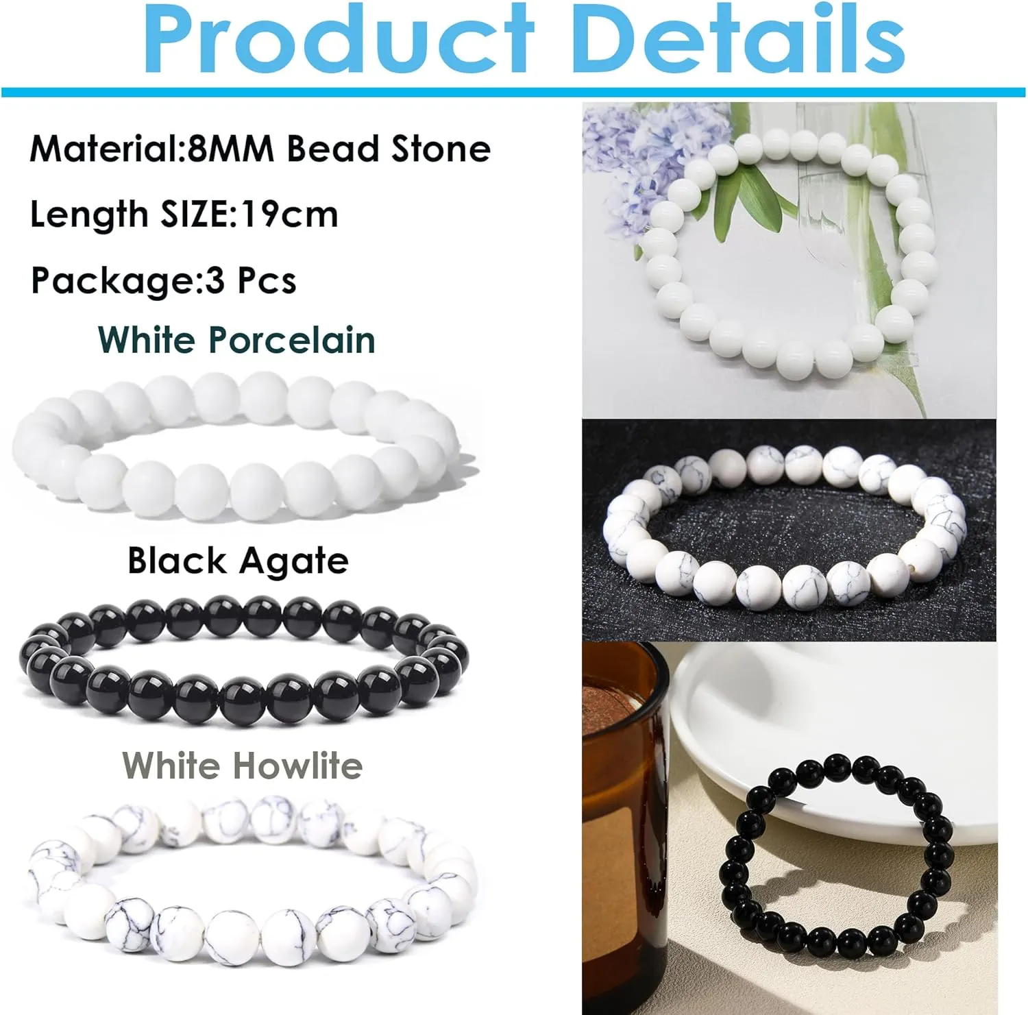 SONNYX 3PCS Crystal Stone Bracelets for Women Men Semi-Precious Gemstone Bracelets 8mm Round Beads Stretch Beaded Bracelet Jewelry
